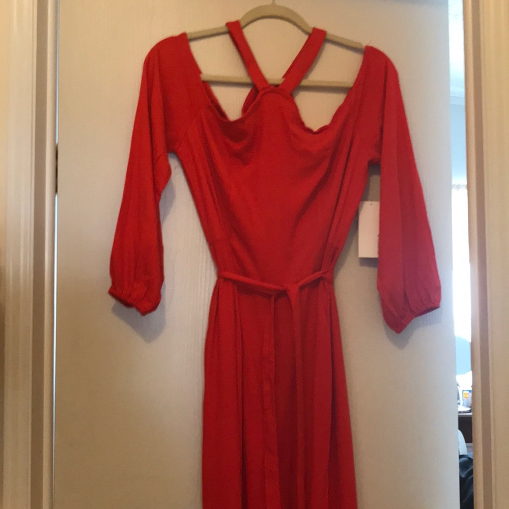 Red, wide legged jump suit